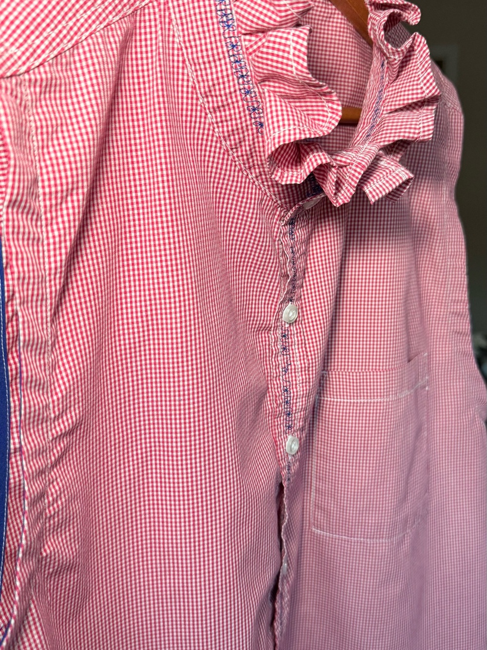 Reloved Upcycle Red Gingham Ruffle Button-Up Shirt